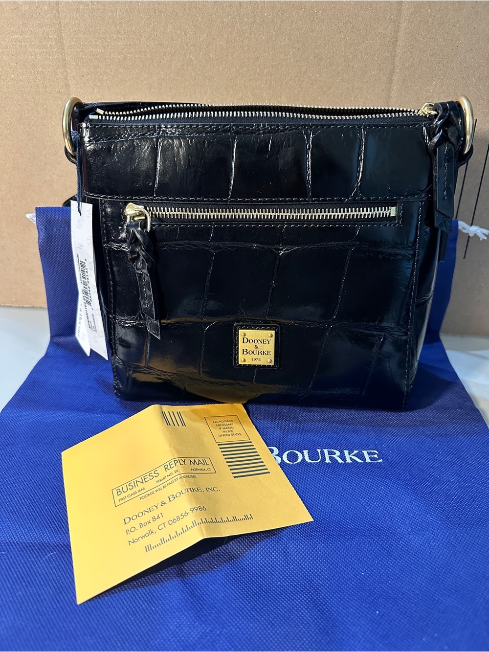 Dooney & Bourke Black Croc-Embossed Leather Crossbody with Gold Hardware NWT